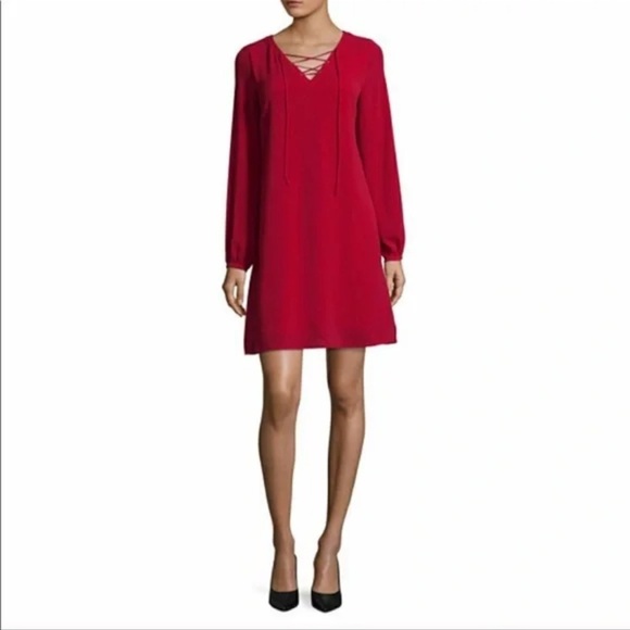 Worthington Red Long Sleeve Vneck Mid length dress Size Medium - Picture 1 of 5